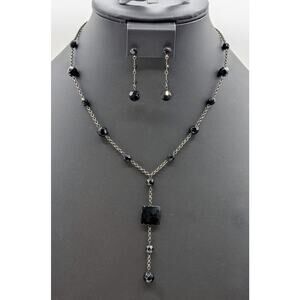 Black Crystal Gun Metal Y-Drop Chain 15"-17.5" Necklace & Matching Earring Set